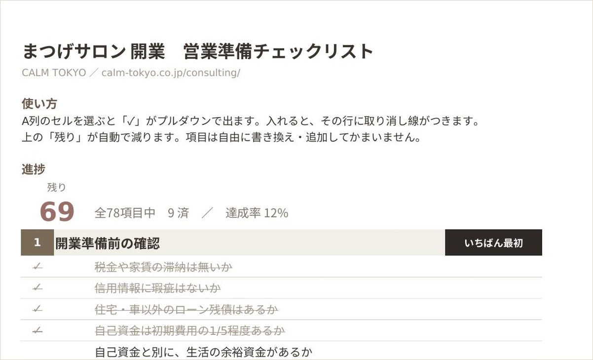 配布しているExcelの画面。チェックを入れた項目に取り消し線がつき、上部に残り件数と達成率が表示されている