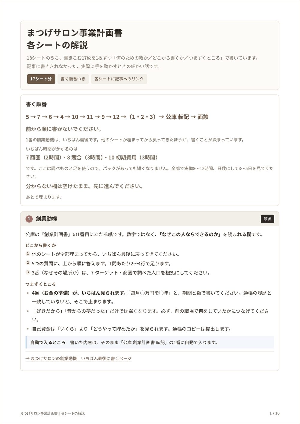 各シートの解説PDFの1ページ目。書く順番と、1番の創業動機の解説が載っている