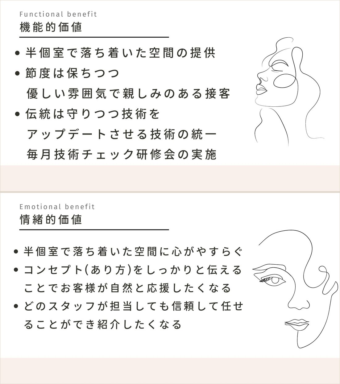 CALM TOKYOの機能的価値と情緒的価値。機能的価値は半個室で落ち着いた空間の提供など3つ、情緒的価値は半個室で落ち着いた空間に心がやすらぐなど3つ