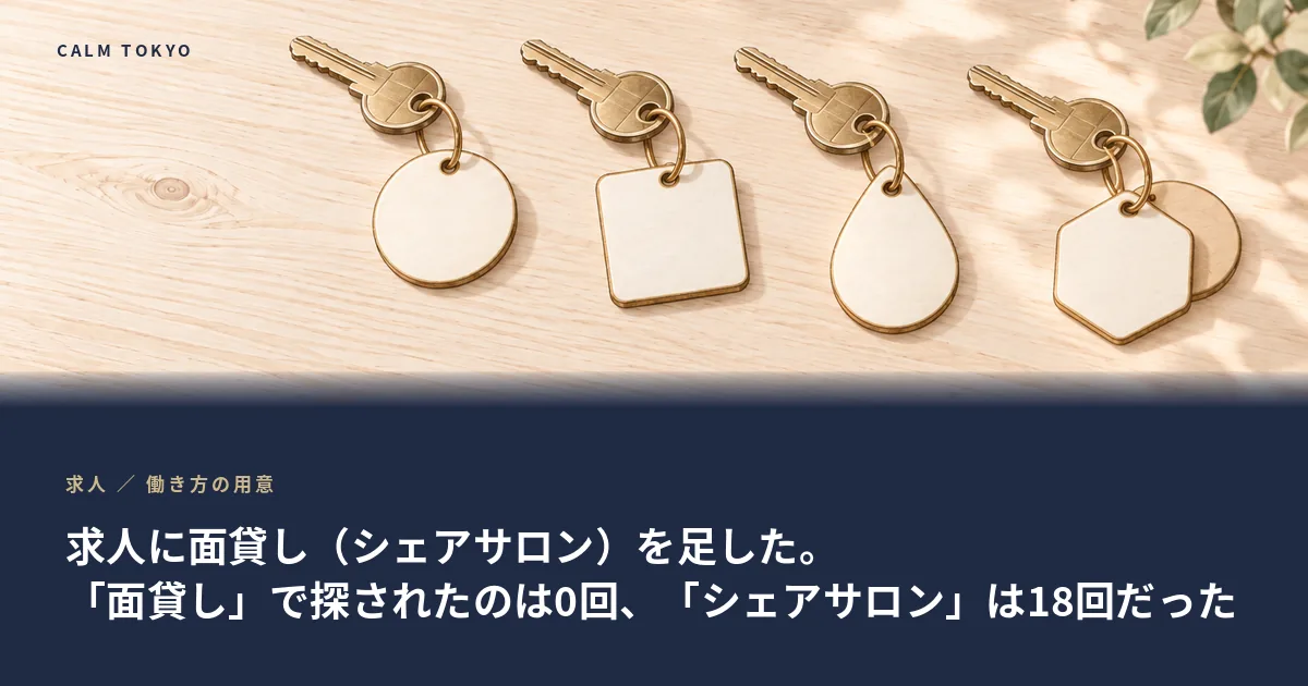 木のテーブルに並べられた、4本の鍵と4種類のキーホルダーのイラスト