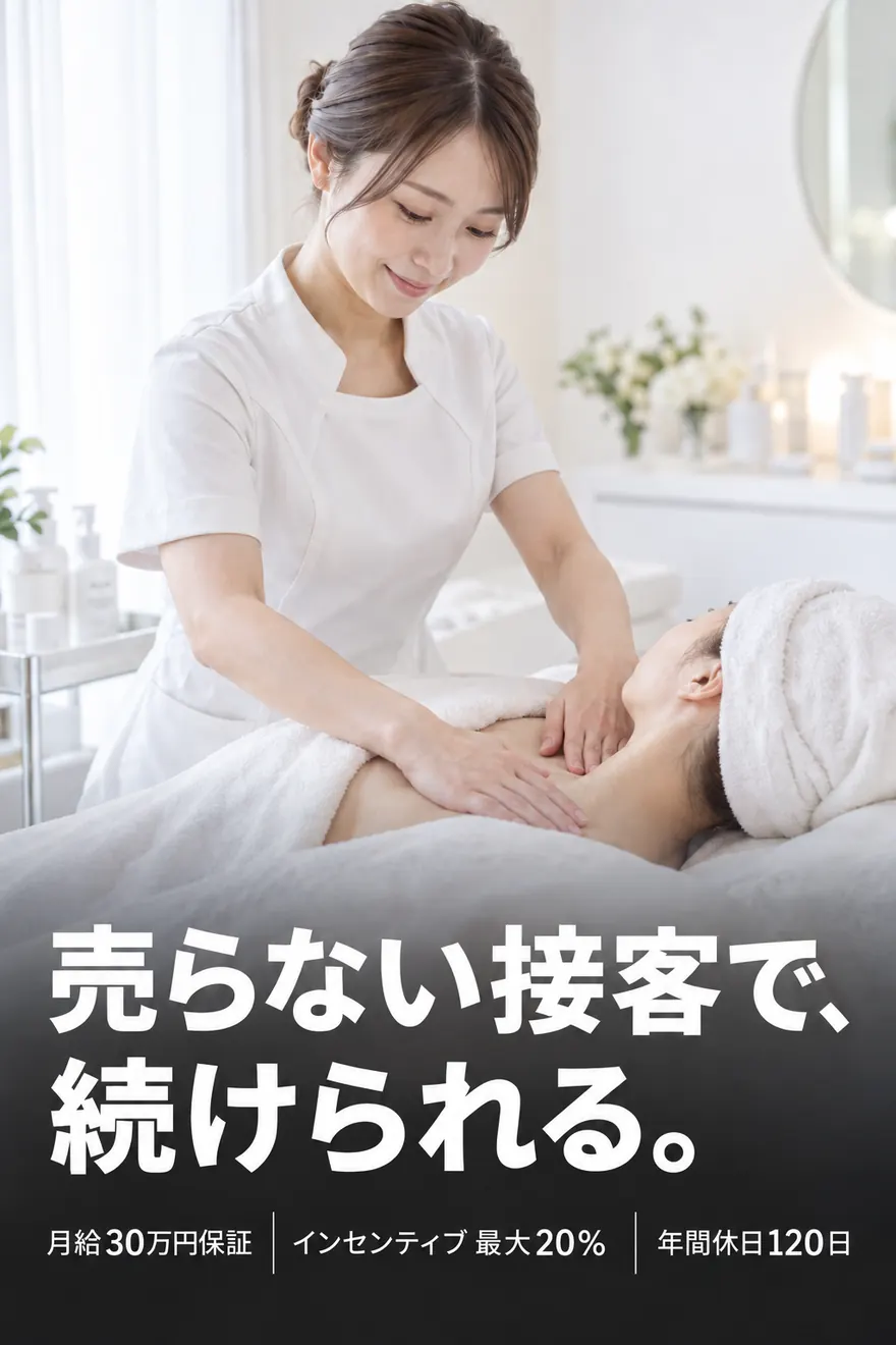 売らない接客で、続けられる。月給30万円保証／インセンティブ 最大20%／年間休日120日